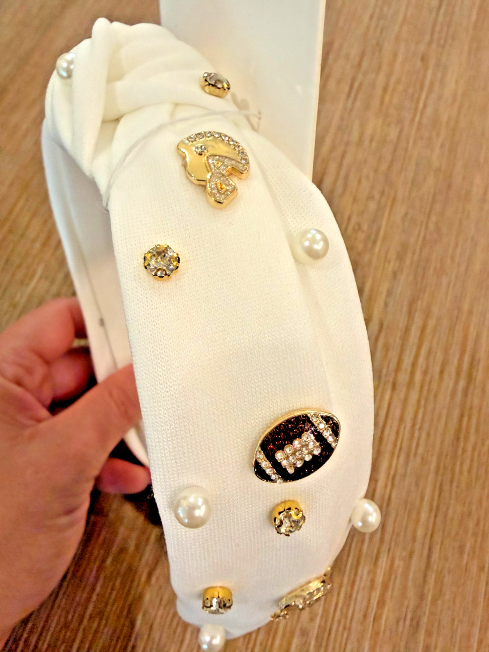 Serra Football Rhinestone Pearl Knotted Headband White Gold Game Day NWT